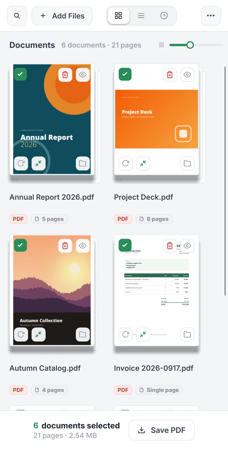 Deste on a phone: the Stacks view with two columns of document cards and the Save PDF button.