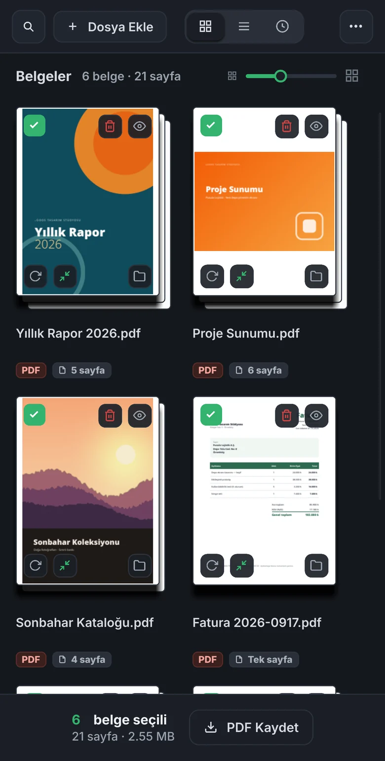 Telefonda Deste: Yığınlar görünümünde iki sütun belge kartı ve altta PDF Kaydet düğmesi.