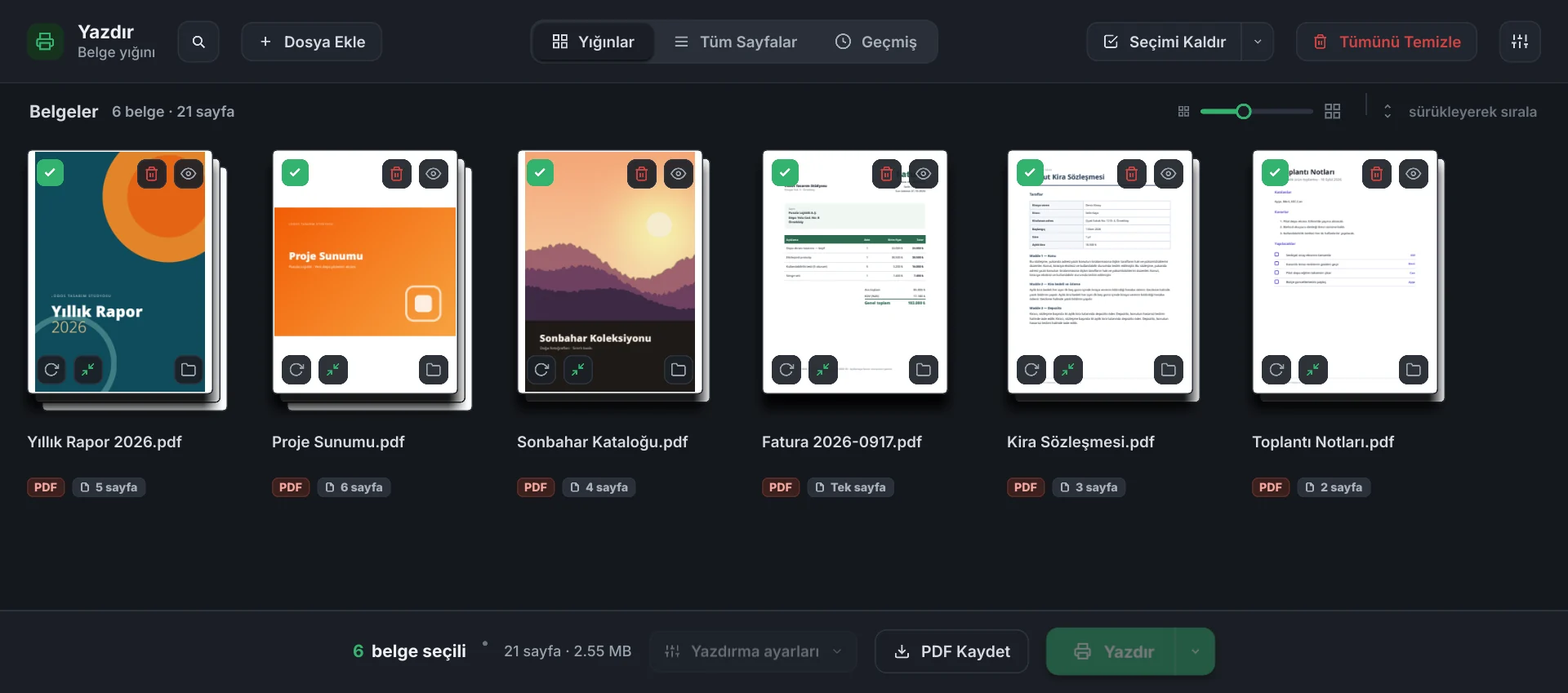 destepdf.com adresinde açık bir tarayıcı penceresinde Deste’nin Yığınlar görünümü: yıllık rapor, sunum, katalog, fatura, sözleşme ve toplantı notu kartları.