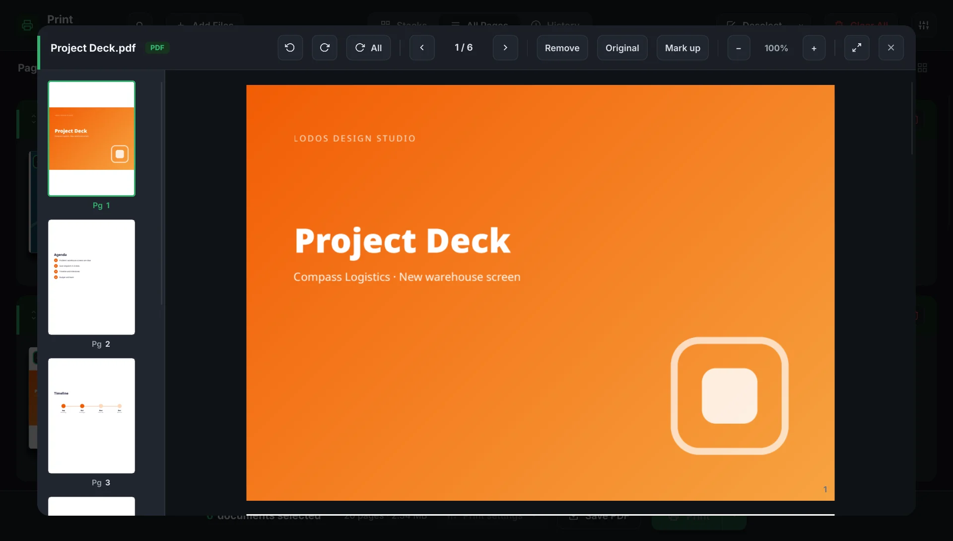 Deste’s preview: a page rail on the left and the orange cover slide of a deck shown large.