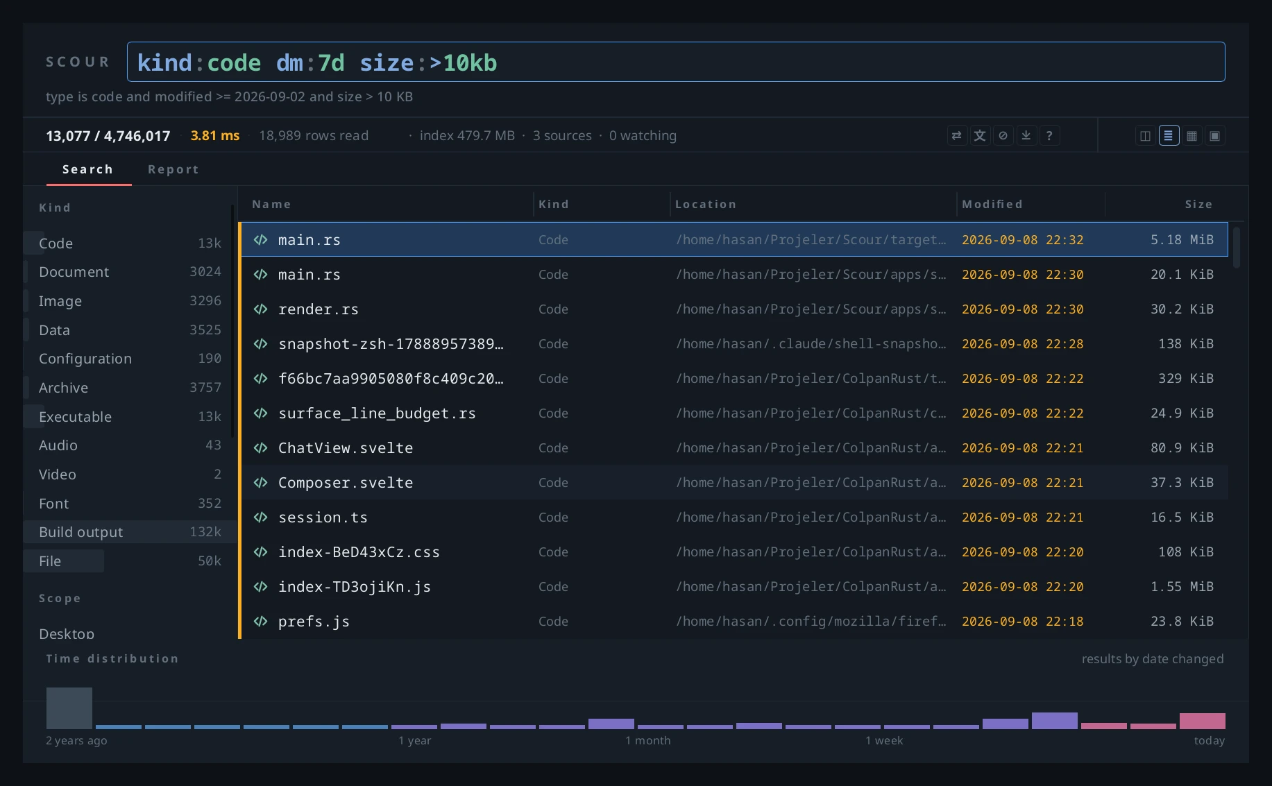 The Scour desktop window: query bar and result list.